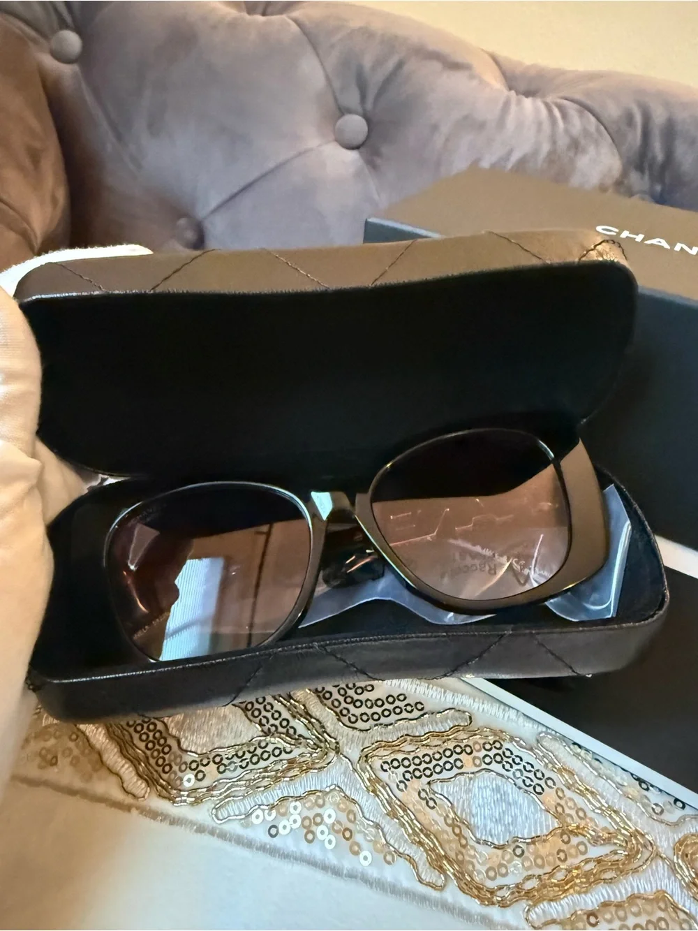 NEW CHANEL Tortoiseshell Square Sunglasses with Gold Logo Temples Brown Gradient
